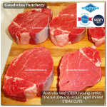 Beef Eye Fillet Mignon Has Dalam Tenderloin AGED BY GOODWINS 3-4 weeks STEER (young cattle) Australia HARVEY frozen 1/3 WELLINGTON cuts (price/pc 1kg)